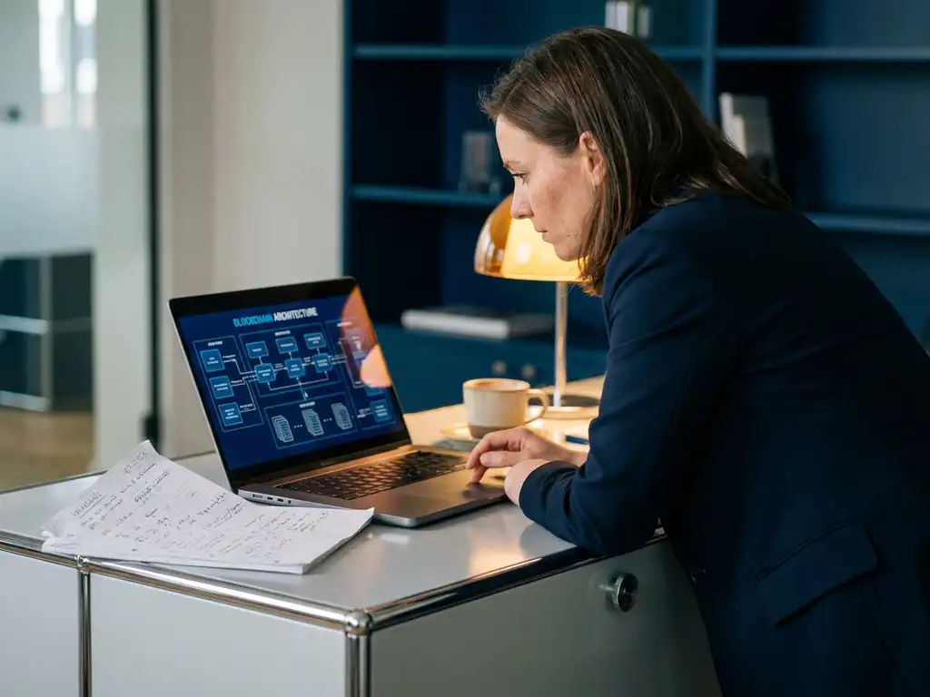 Recruiter examining a developer's laptop showing blockchain architecture diagrams, with technical notes and coffee cup on a modern desk.