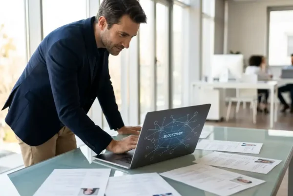Recruiter reviewing blockchain network diagrams on a laptop at a glass desk with candidate profiles in a modern office.