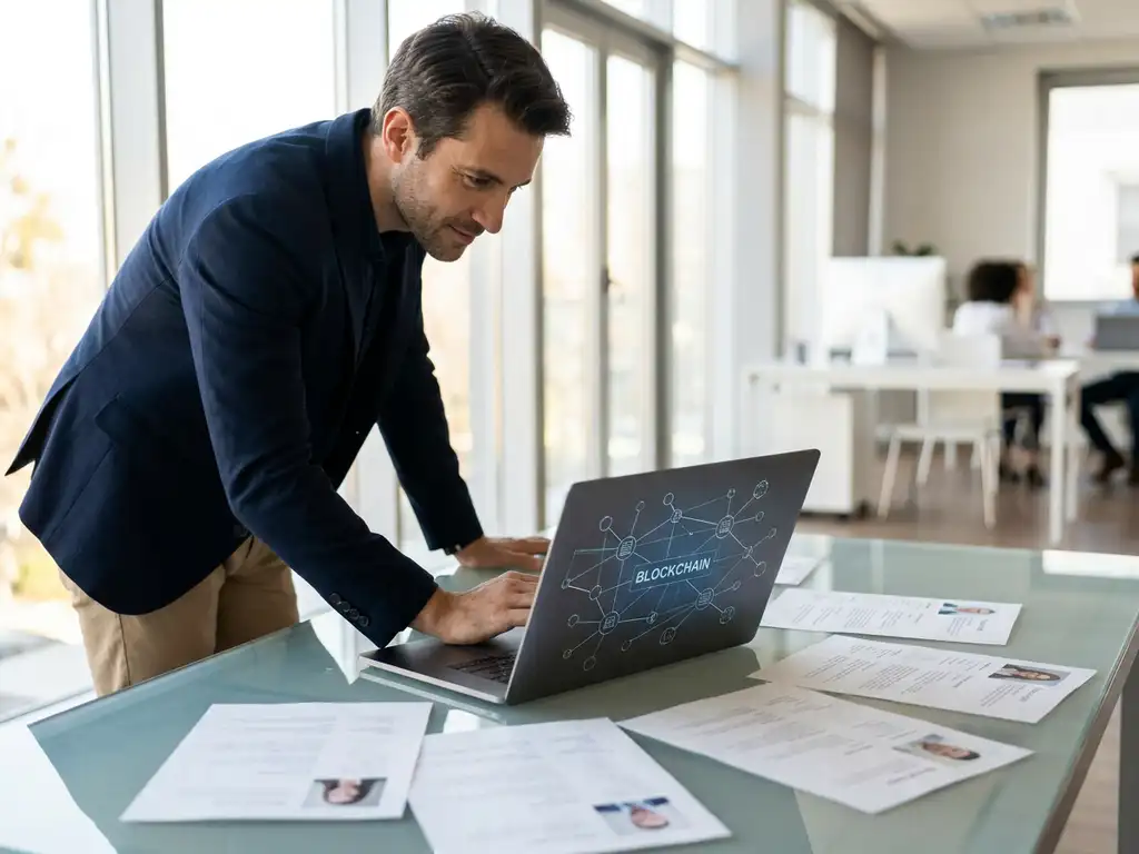 Recruiter reviewing blockchain network diagrams on a laptop at a glass desk with candidate profiles in a modern office.