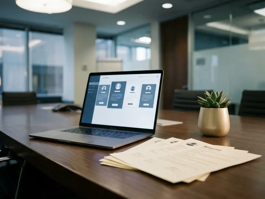 Laptop showing candidate profile cards on a conference room desk beside fanned résumés and a small potted succulent.