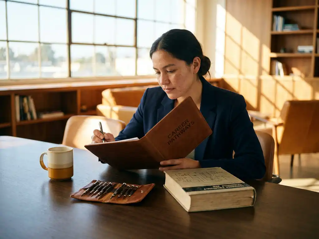 Professional reviewing a career development folder at a conference table beside technical tools and a coffee mug in warm afternoon light.