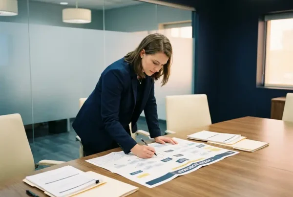 What is a risk analyst career path and how do you start? 1 Young professional in a blazer reviewing a career roadmap on a conference table with analytical reports in a modern recruitment office.