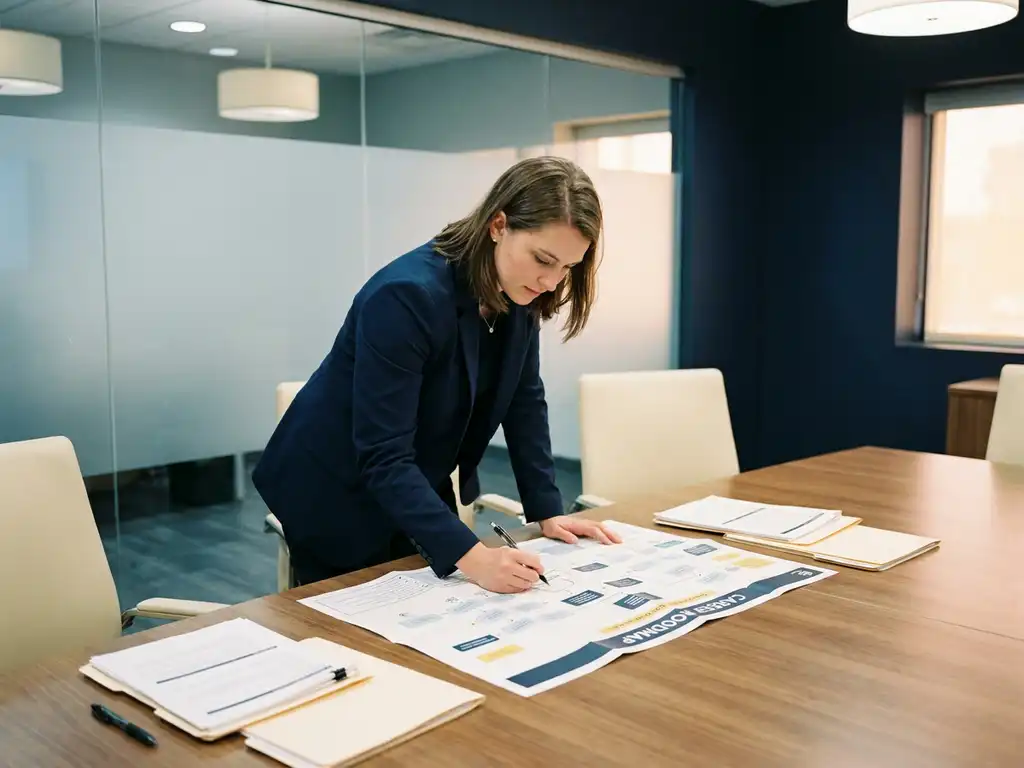 Young professional in a blazer reviewing a career roadmap on a conference table with analytical reports in a modern recruitment office.