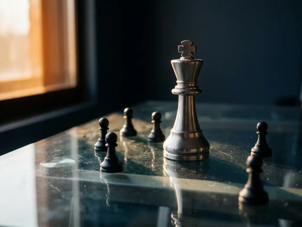 Brushed steel chess king surrounded by scattered matte black pawns on a glass desk, symbolizing scarcity of elite leadership candidates.