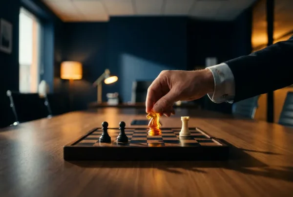 Recruiter placing a glowing chess knight on a sparse board, symbolizing scarce specialized talent, dramatic amber and navy lighting.