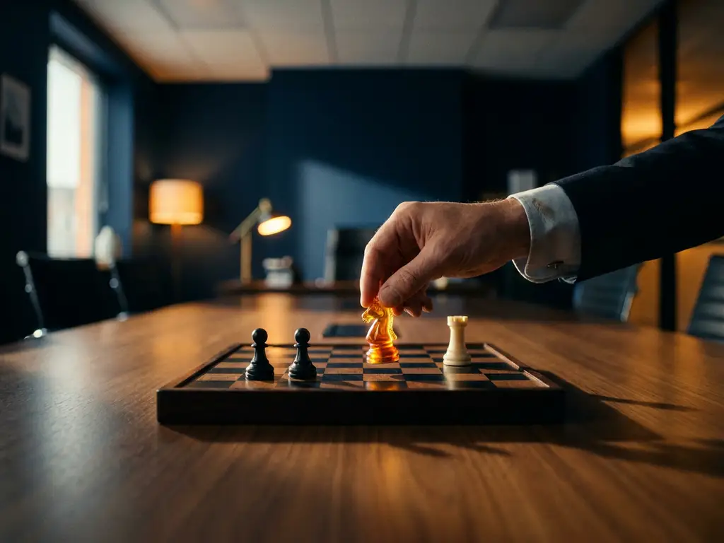 Recruiter placing a glowing chess knight on a sparse board, symbolizing scarce specialized talent, dramatic amber and navy lighting.