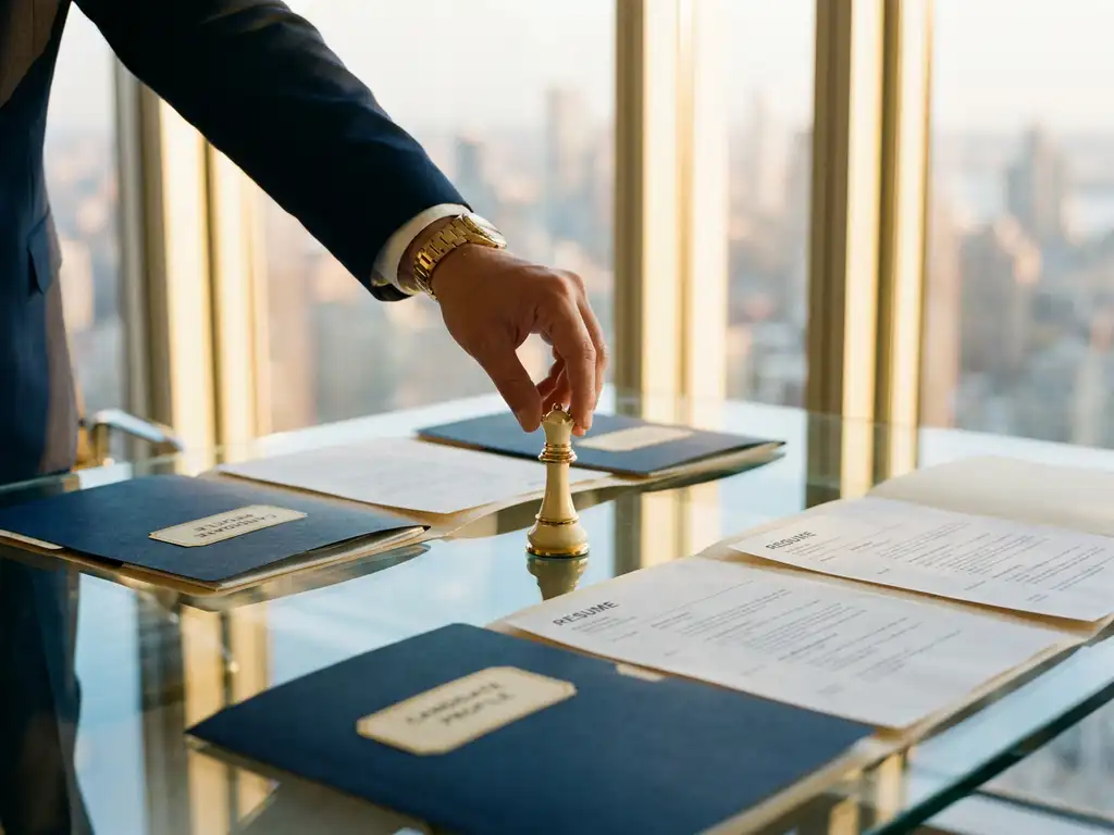 Recruiter placing a gold chess queen piece on a glass desk beside candidate profile folders, city skyline in background.