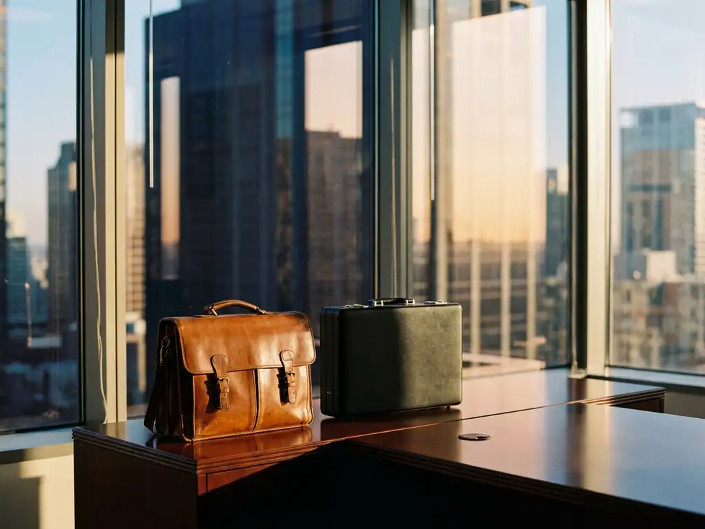 Classic leather briefcase with brass clasps beside a matte black minimalist briefcase on a mahogany desk, financial district skyline in background.