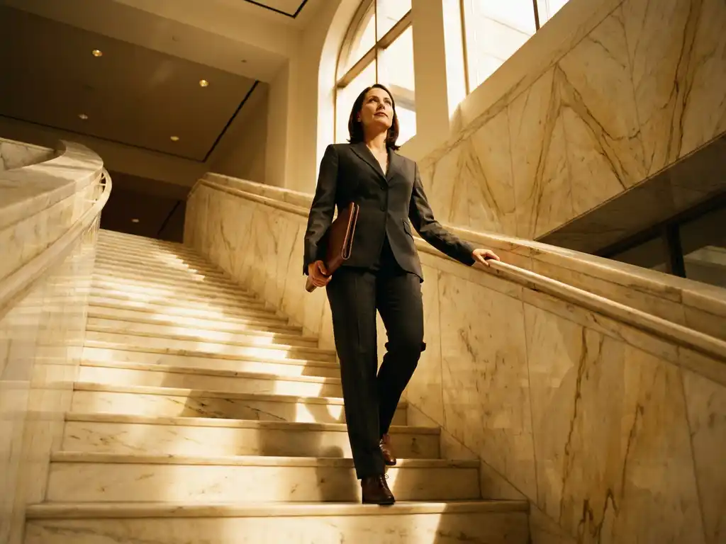 Professional ascending marble stairs in a sunlit corporate atrium, leather portfolio tucked under arm, warm amber light streaming from above.