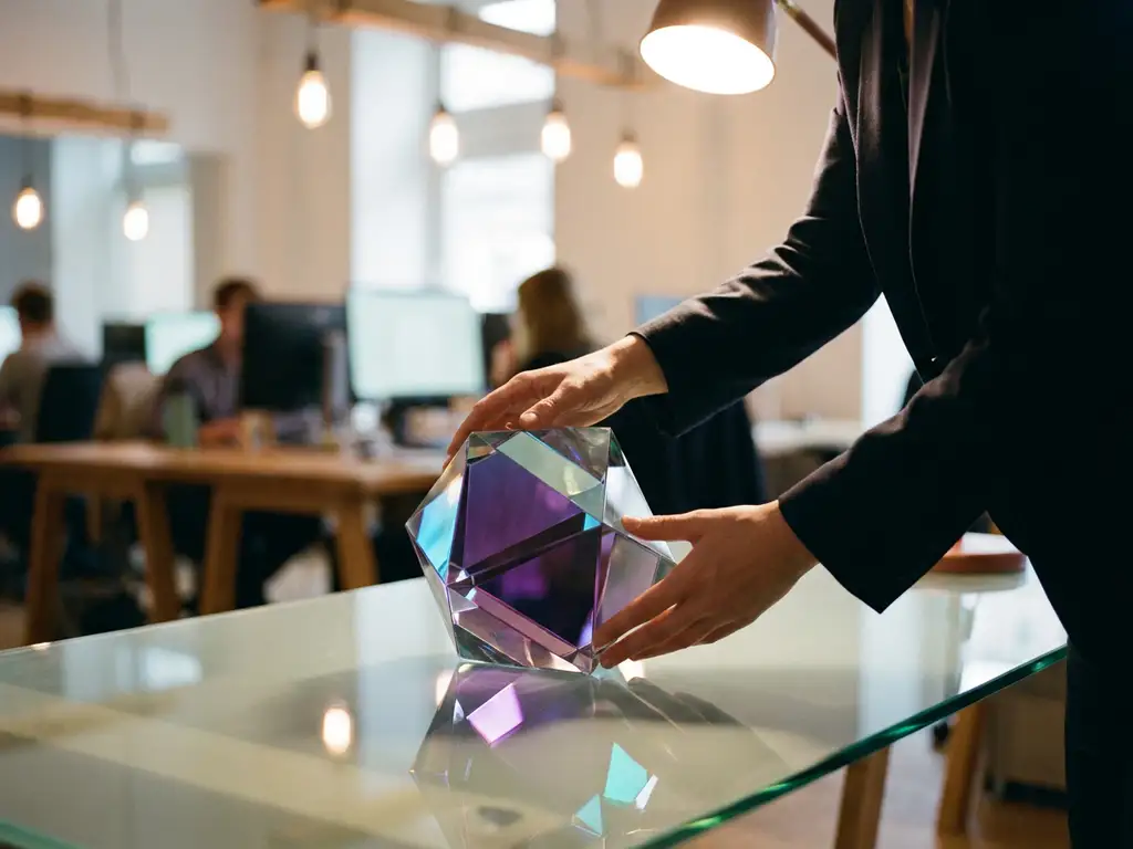 Professional arranging a geometric crystal structure on a glass desk, violet and teal light refracting across facets in a modern tech office.