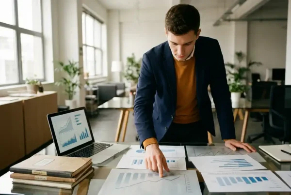 Young professional analyzing layered data charts on a glass desk beside a laptop and stacked notebooks in a sunlit open-plan office.