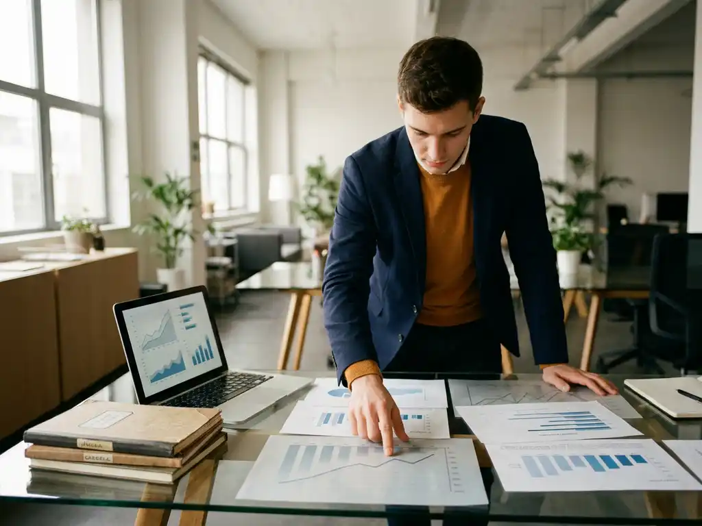 Young professional analyzing layered data charts on a glass desk beside a laptop and stacked notebooks in a sunlit open-plan office.