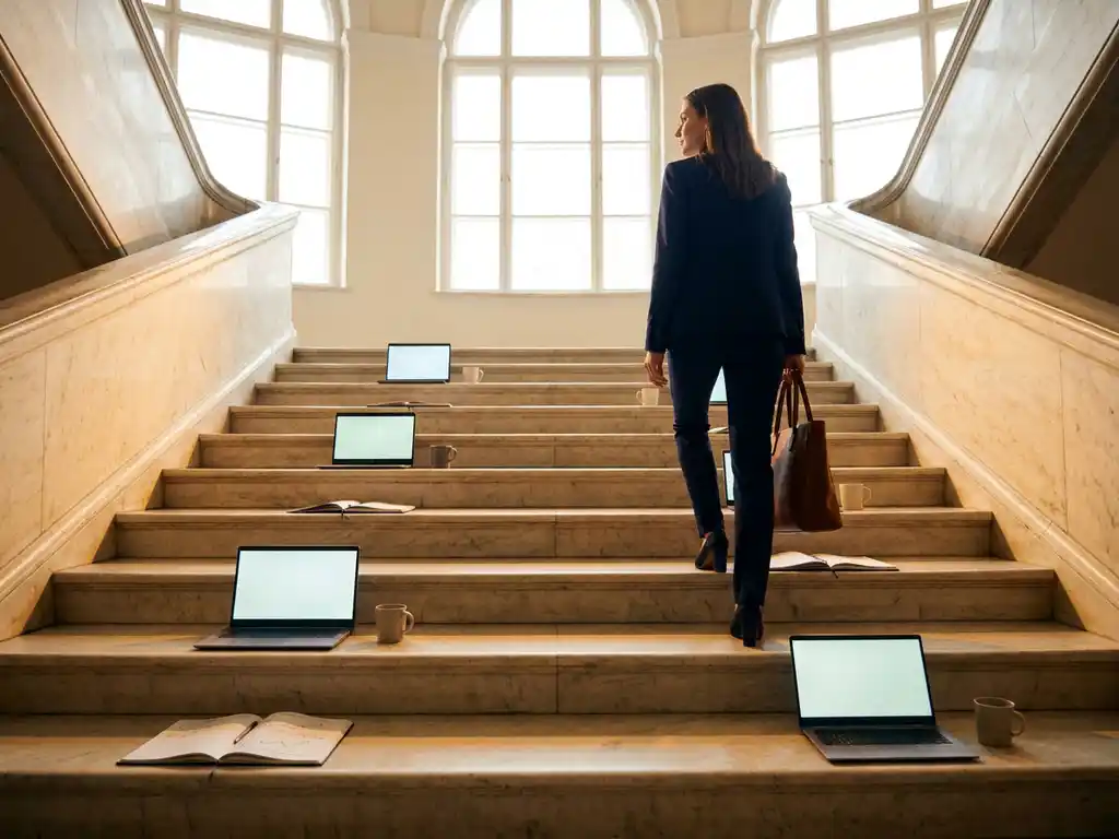 Young professional climbing marble stairs lined with a laptop, notebooks, and coffee mug toward bright office windows in morning light.