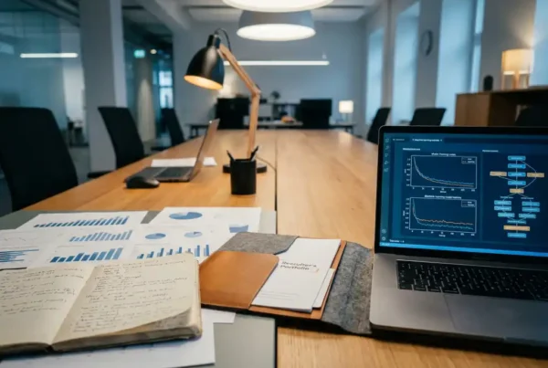 Two conference table workstations side by side, one with statistical charts and a notebook, the other with a laptop showing model training visuals, linked by a recruiter's portfolio folder.