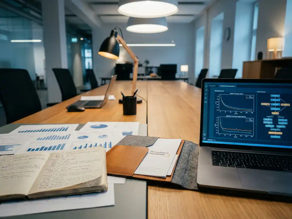 Two conference table workstations side by side, one with statistical charts and a notebook, the other with a laptop showing model training visuals, linked by a recruiter's portfolio folder.