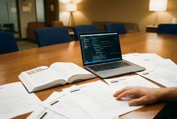 Recruitment desk with data science textbook and laptop displaying code beside candidate résumés spread across a polished conference table.