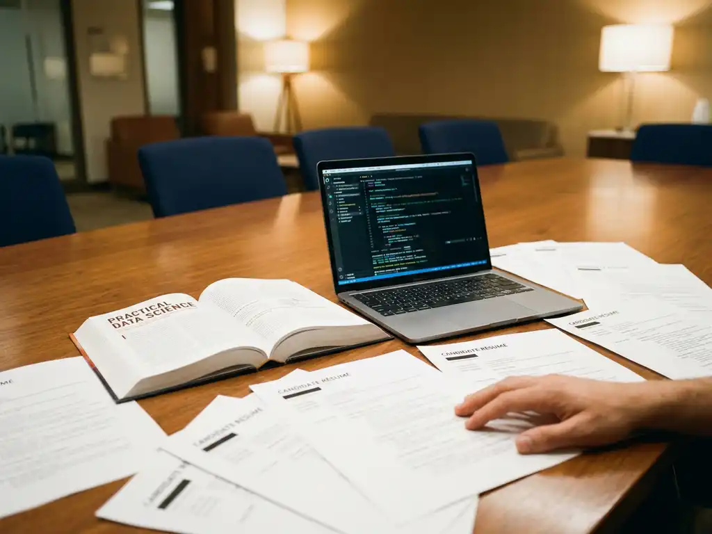 Recruitment desk with data science textbook and laptop displaying code beside candidate résumés spread across a polished conference table.