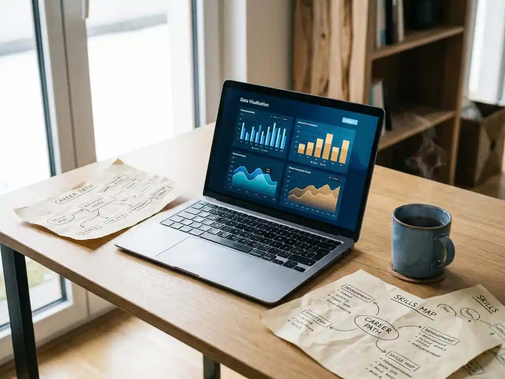 Data scientist's desk with laptop showing analytics dashboards, printed career roadmap sketches, and steaming coffee in warm natural light.