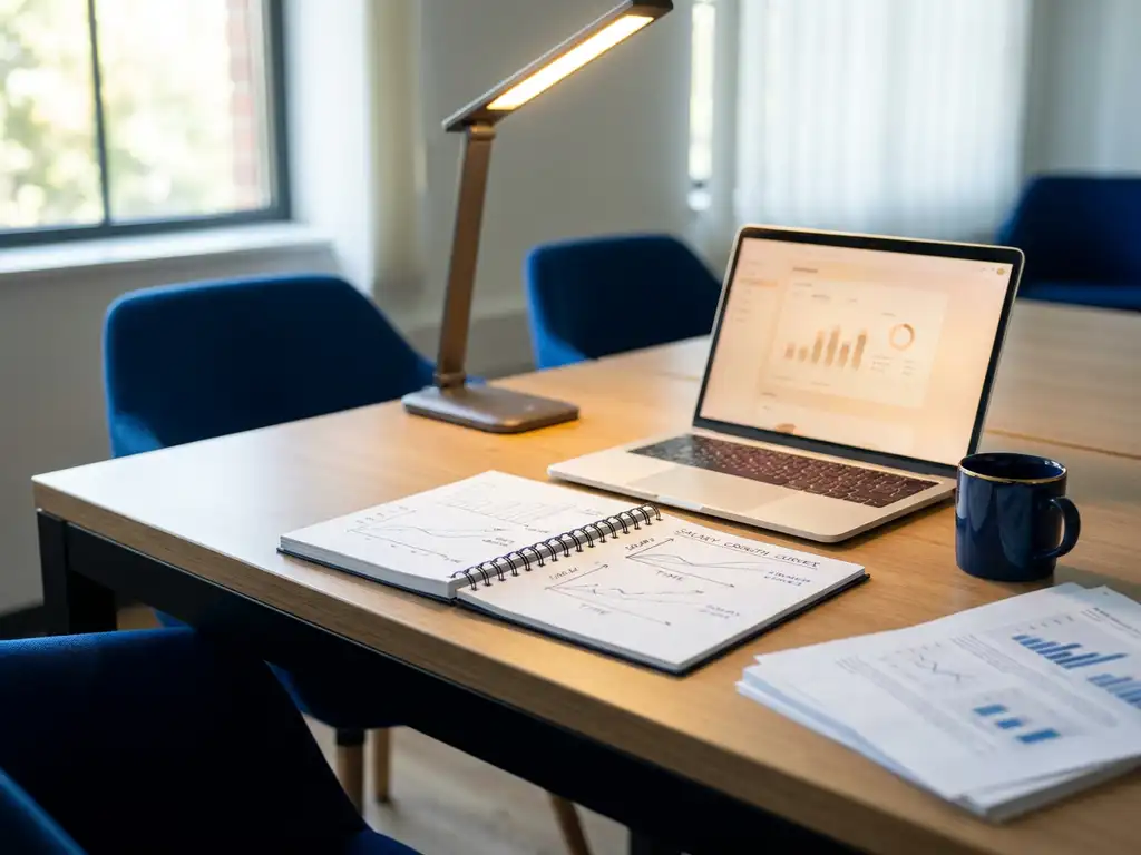 Data scientist's desk with open notebook showing salary growth curves, laptop, coffee mug, and analytical reports in navy and gold tones.