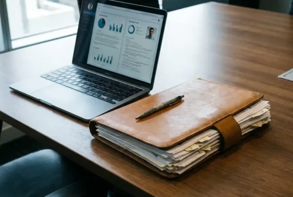 How do AI recruitment agencies differ from traditional ones? 2 Laptop showing candidate profile data beside a leather portfolio of paper resumes on a conference room table, digital versus traditional hiring contrast.