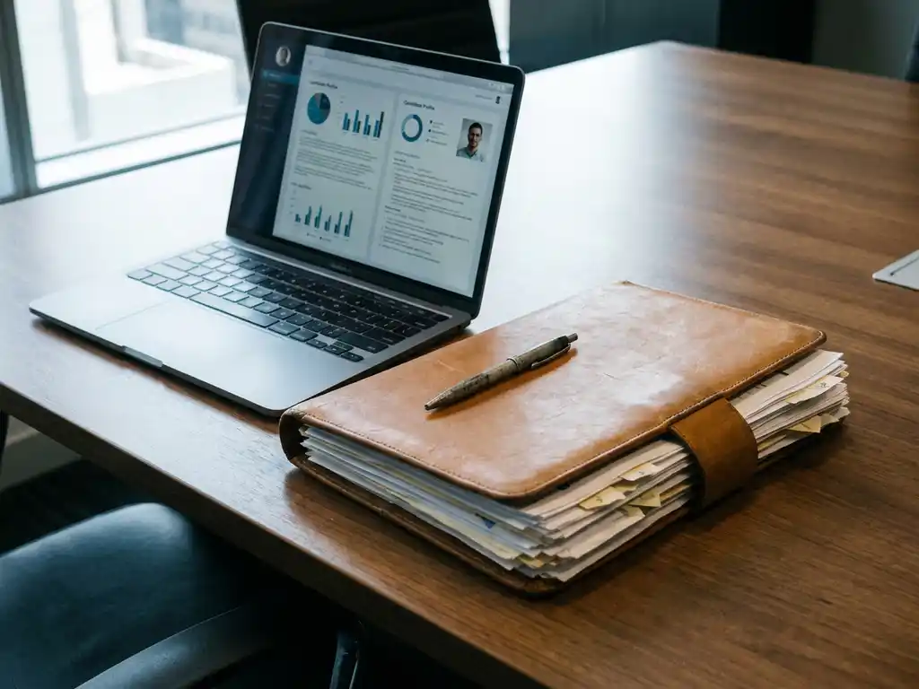 Laptop showing candidate profile data beside a leather portfolio of paper resumes on a conference room table, digital versus traditional hiring contrast.