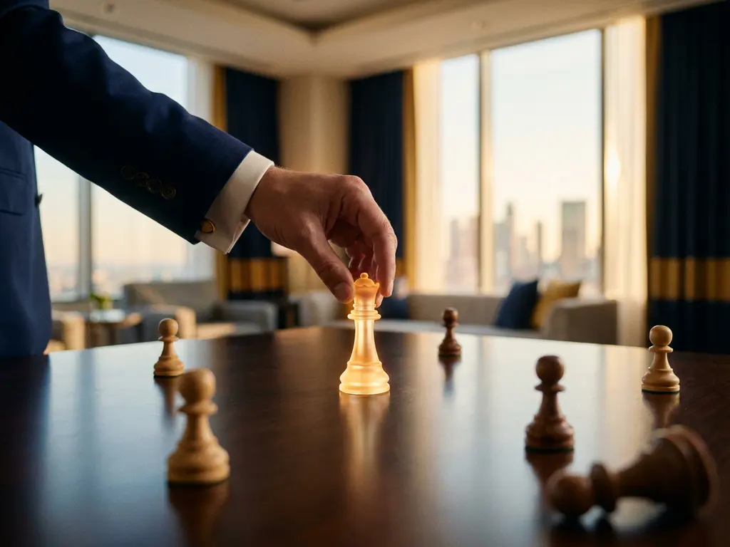 Recruiter placing a glowing gold chess queen among scattered pawns on a boardroom table, symbolizing elite talent selection.