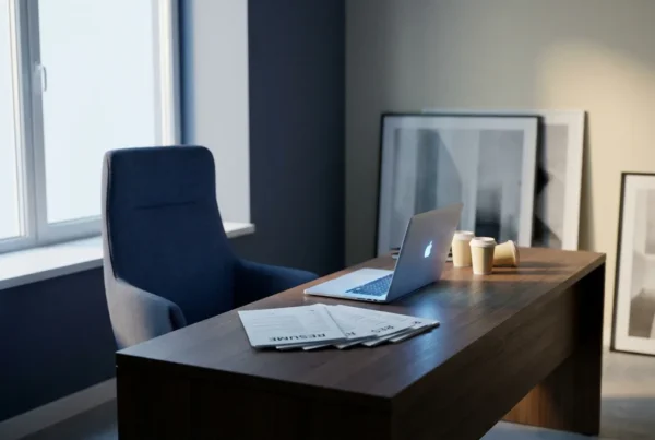 Empty high-backed chair at a minimalist desk with an open laptop and fanned stack of unreviewed resumes in soft blue and ivory light.