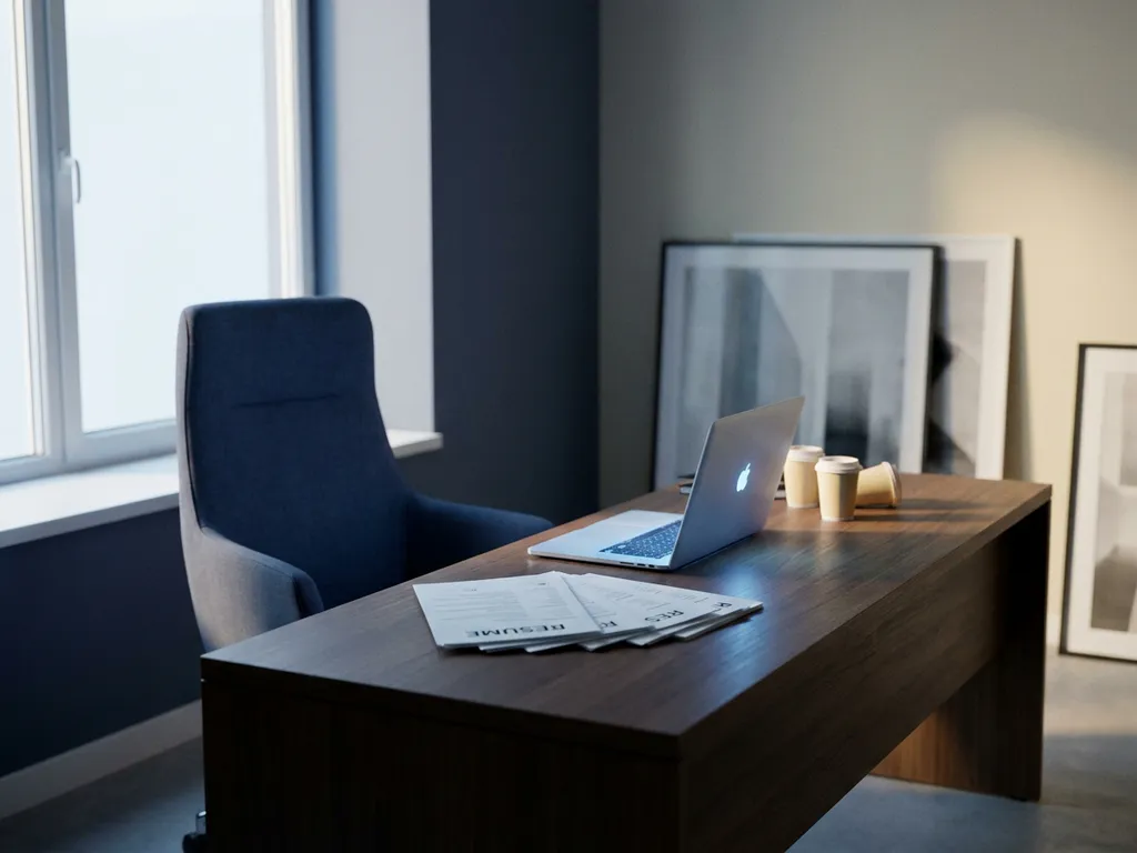 Empty high-backed chair at a minimalist desk with an open laptop and fanned stack of unreviewed resumes in soft blue and ivory light.