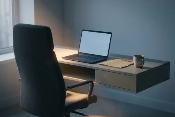 Empty office chair at a minimalist desk with an open laptop, untouched resume folder, and cold coffee cup in cool blue-grey light.