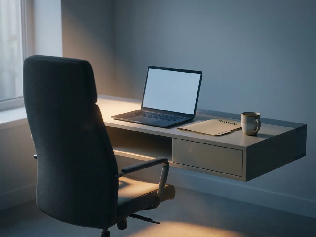 Empty office chair at a minimalist desk with an open laptop, untouched resume folder, and cold coffee cup in cool blue-grey light.