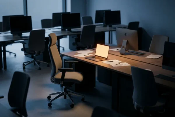 Ergonomic chair facing a glowing laptop at an empty desk in a modern open-plan office with scattered résumés and vacant workstations.