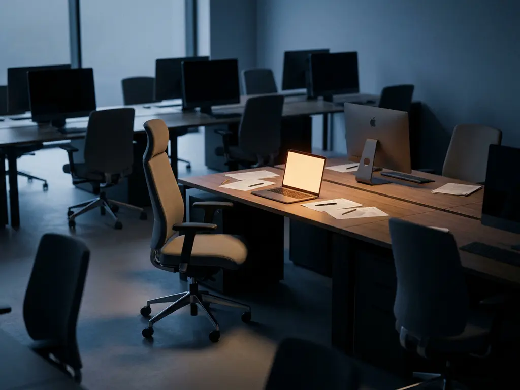 Ergonomic chair facing a glowing laptop at an empty desk in a modern open-plan office with scattered résumés and vacant workstations.