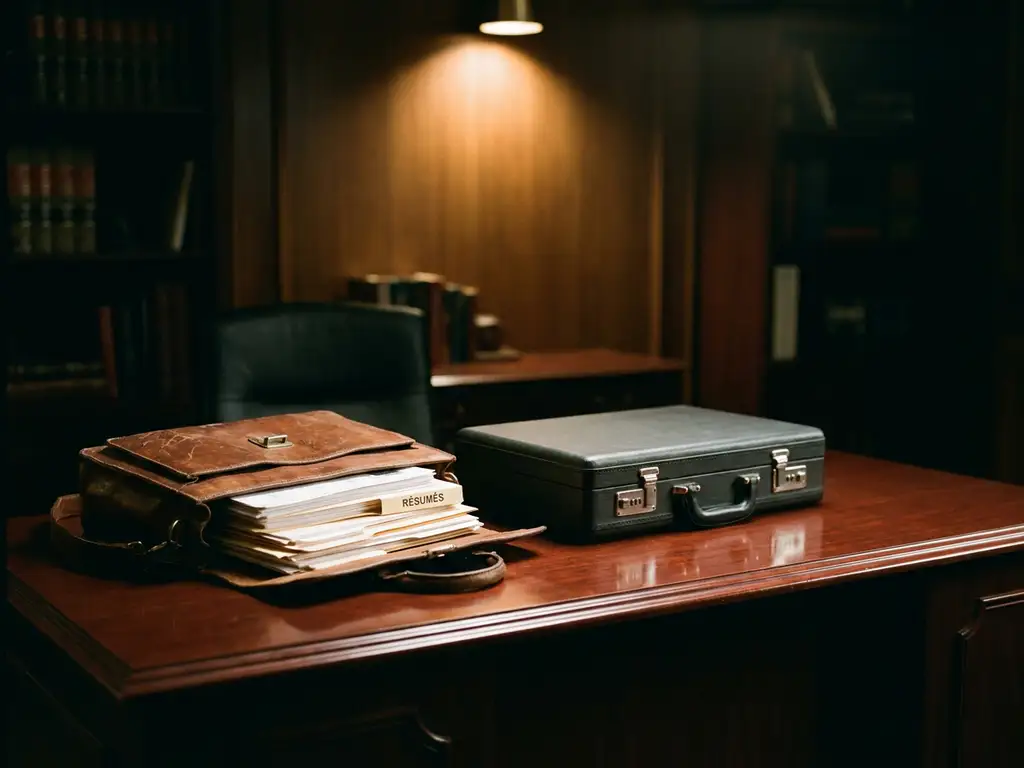 Worn leather satchel overflowing with résumés beside a sleek executive attaché case on a mahogany desk, spotlight overhead.