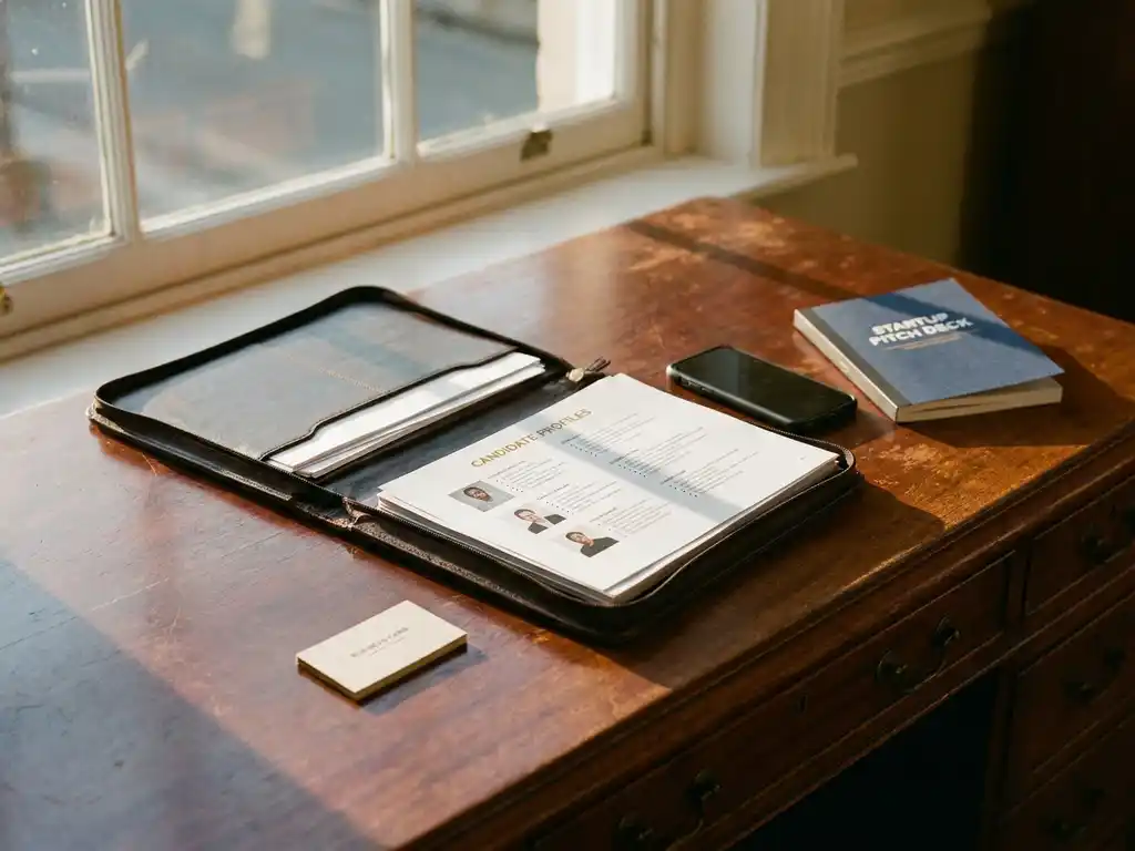 Mahogany executive desk with a business card, leather portfolio of candidate profiles, smartphone, and startup pitch deck in navy and gold tones.