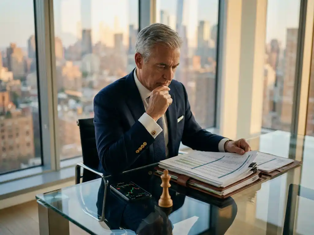 Executive reviewing financial portfolio at glass desk with chess king piece and smartphone showing trading graphs, city skyline visible through floor-to-ceiling windows.