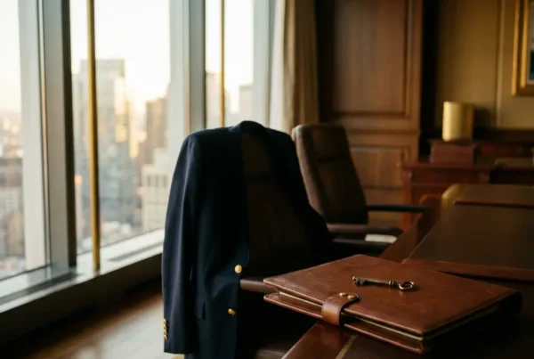 Polished leather portfolio and tailored suit jacket on a conference room chair with a brass key on top, city skyline visible through floor-to-ceiling windows.