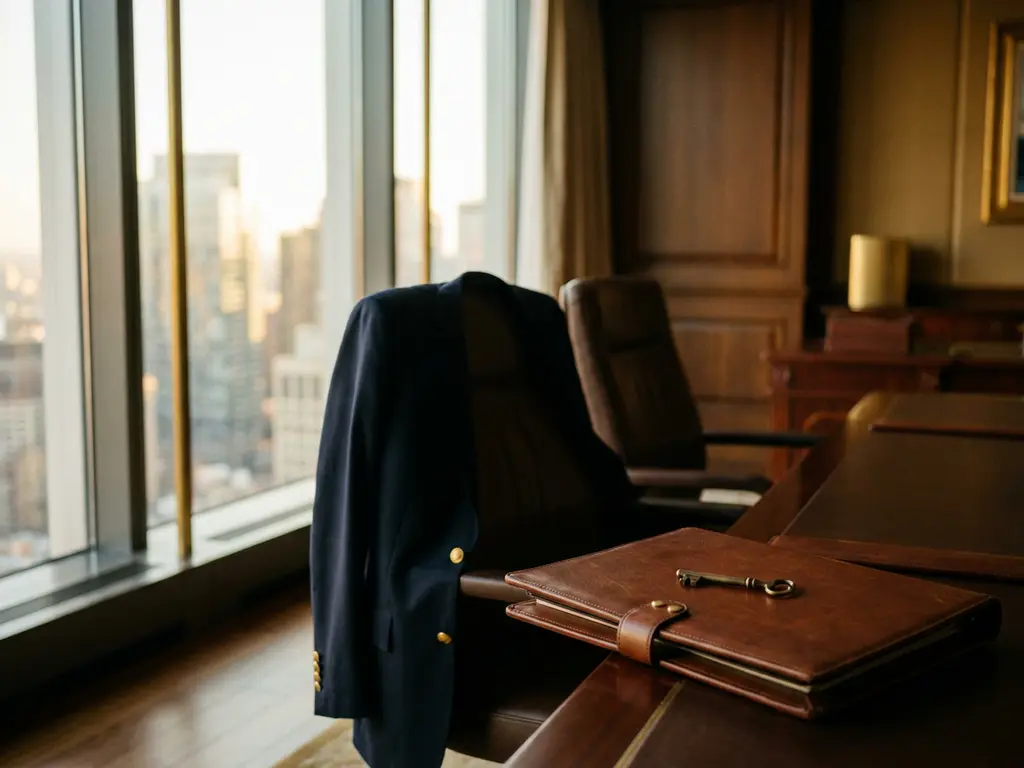 Polished leather portfolio and tailored suit jacket on a conference room chair with a brass key on top, city skyline visible through floor-to-ceiling windows.