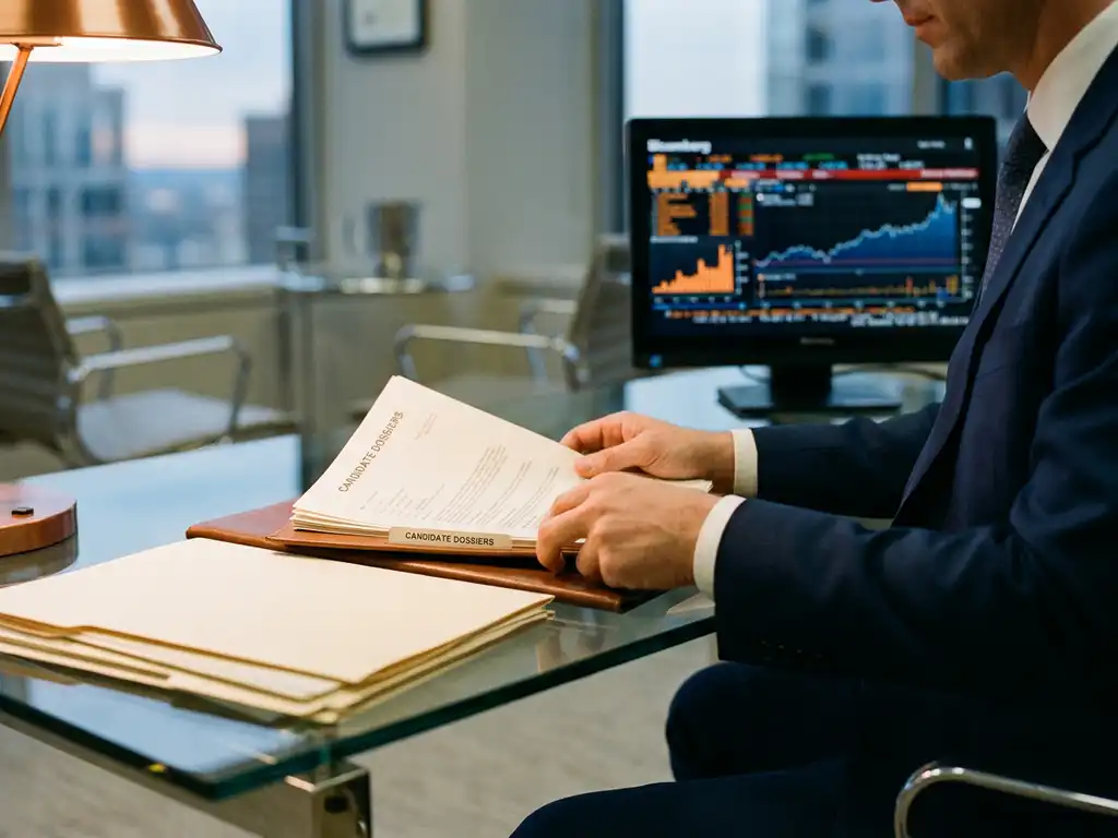 Executive in a sharp suit reviewing candidate dossiers on a glass desk, with a Bloomberg terminal glowing in a dimly lit financial district office.