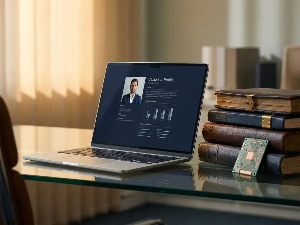 Laptop showing a candidate profile beside leather-bound financial ledgers and a circuit board on a glass desk, blending traditional and digital hiring.