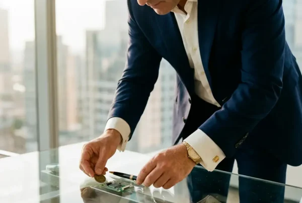 Professional arranging a gold coin, circuit board, and pen on a glass desk, city skyline softly blurred behind, navy and gold tones.