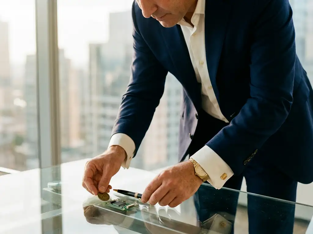 Professional arranging a gold coin, circuit board, and pen on a glass desk, city skyline softly blurred behind, navy and gold tones.