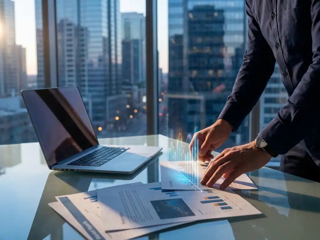 Financial analyst arranging glowing trend charts and market reports on a glass desk, laptop reflecting blue light, high-rise office backdrop.