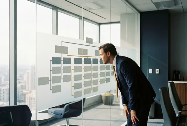 Financial professional analyzing a career progression organizational chart on a glass wall, city skyline visible through conference room windows.
