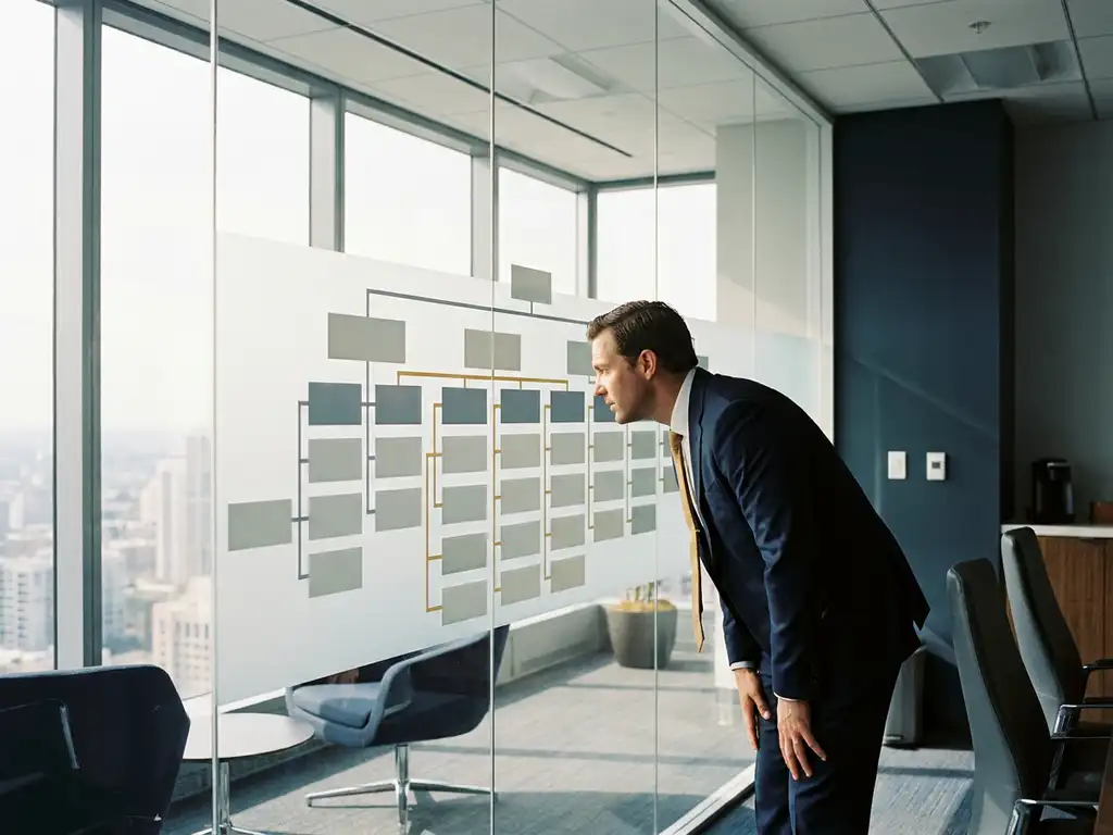 Financial professional analyzing a career progression organizational chart on a glass wall, city skyline visible through conference room windows.