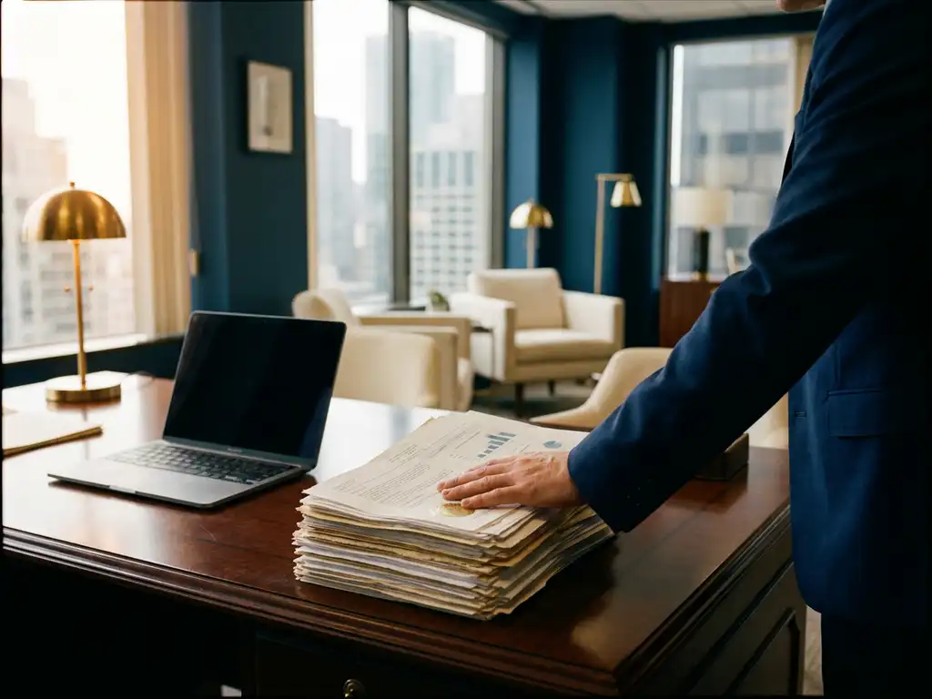 Professional reviewing stacked financial reports and certification documents at an executive desk with open laptop, floor-to-ceiling windows behind.