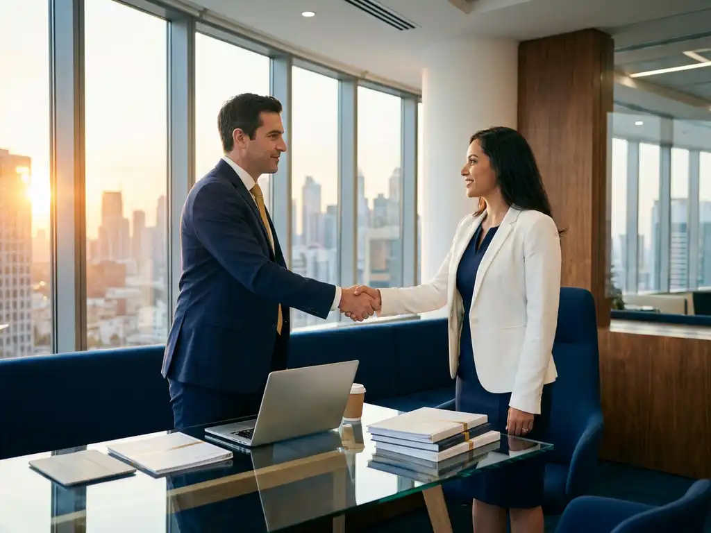 Recruiter and fintech executive shaking hands over a glass desk with laptop and financial documents in a modern high-rise office.