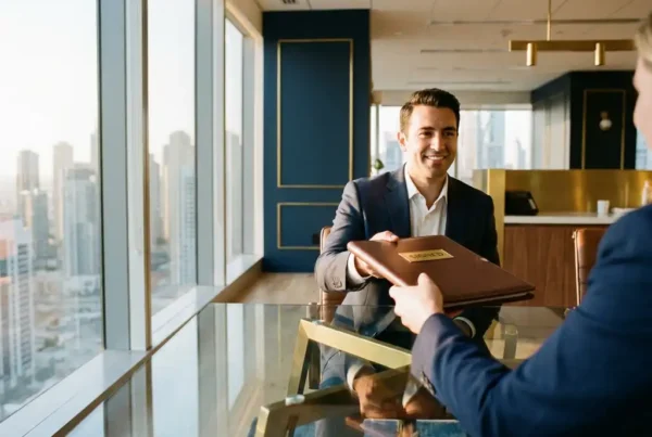 Recruiter sliding a signed contract across a glass desk to a candidate in a modern fintech office with city skyline views.