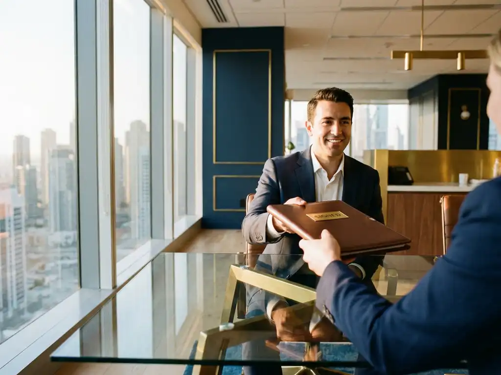 Recruiter sliding a signed contract across a glass desk to a candidate in a modern fintech office with city skyline views.