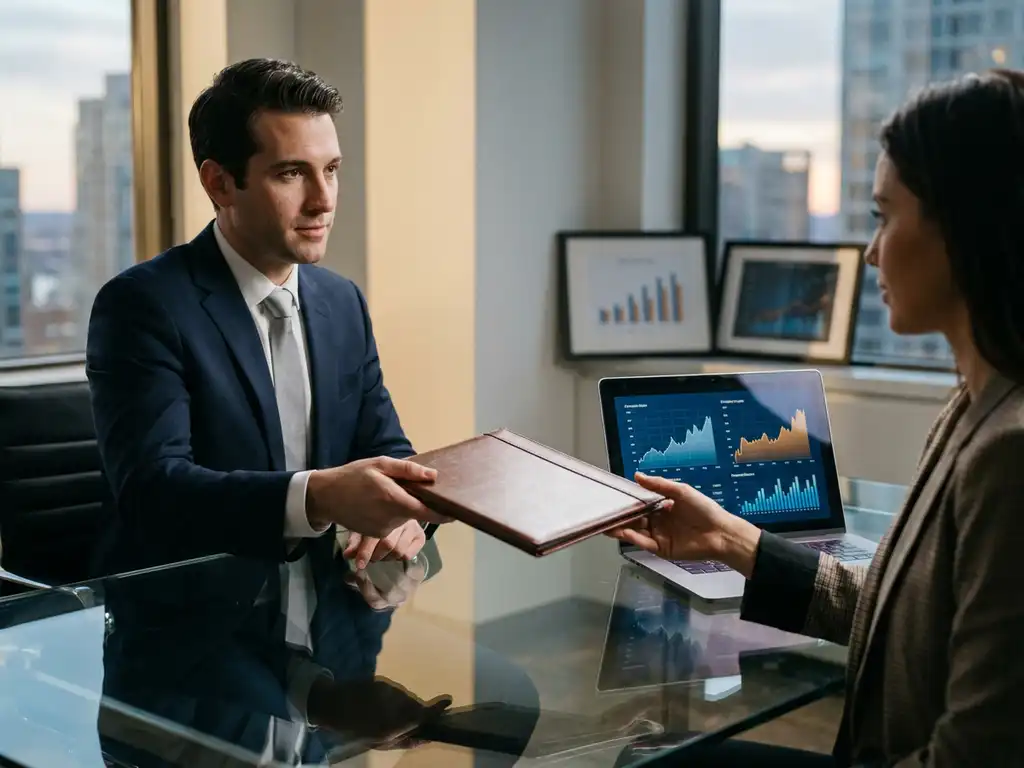 Recruiter sliding a résumé folder across a glass desk to a fintech startup founder, with a laptop and financial charts in a premium corporate office.