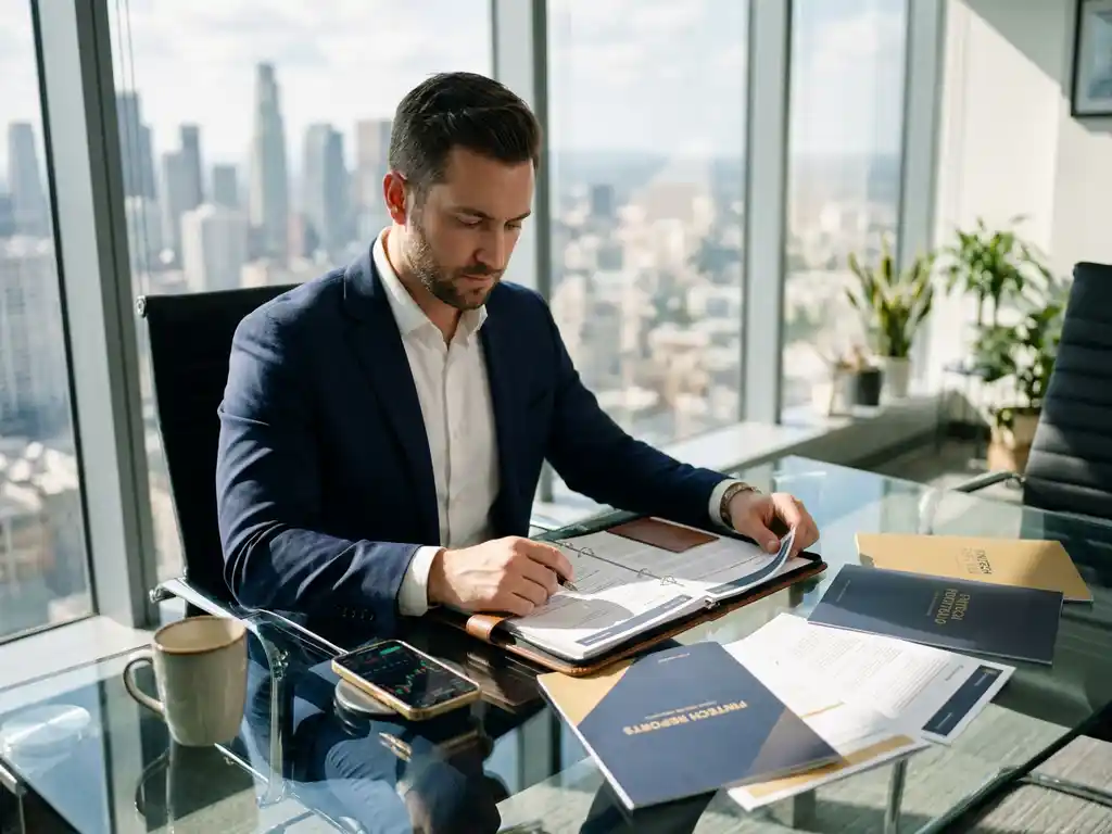 Recruiter reviewing a candidate's financial portfolio at a glass desk with fintech reports and trading charts on a smartphone, city skyline backdrop.